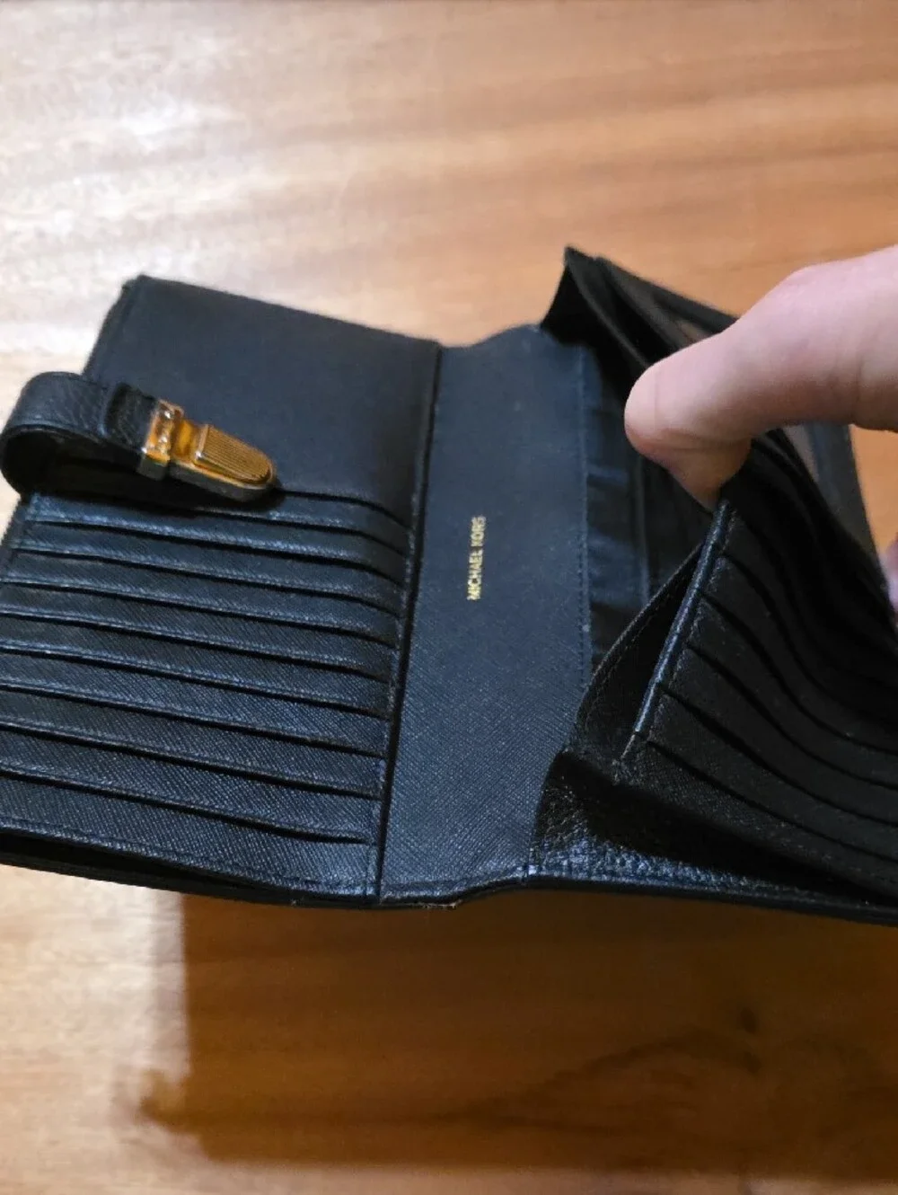 Michael Kors Pebbled Leather Accordion Wallet Black Gold Hardware
